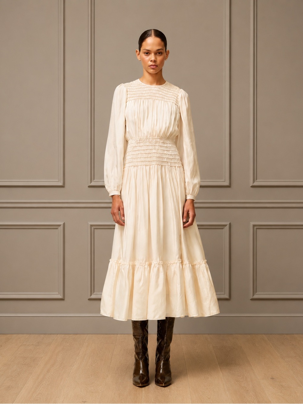 Tory Burch Runway Corded Smocked Silk Midi Dress Ivory Long Sleeve Size 6 - Picture 1 of 10